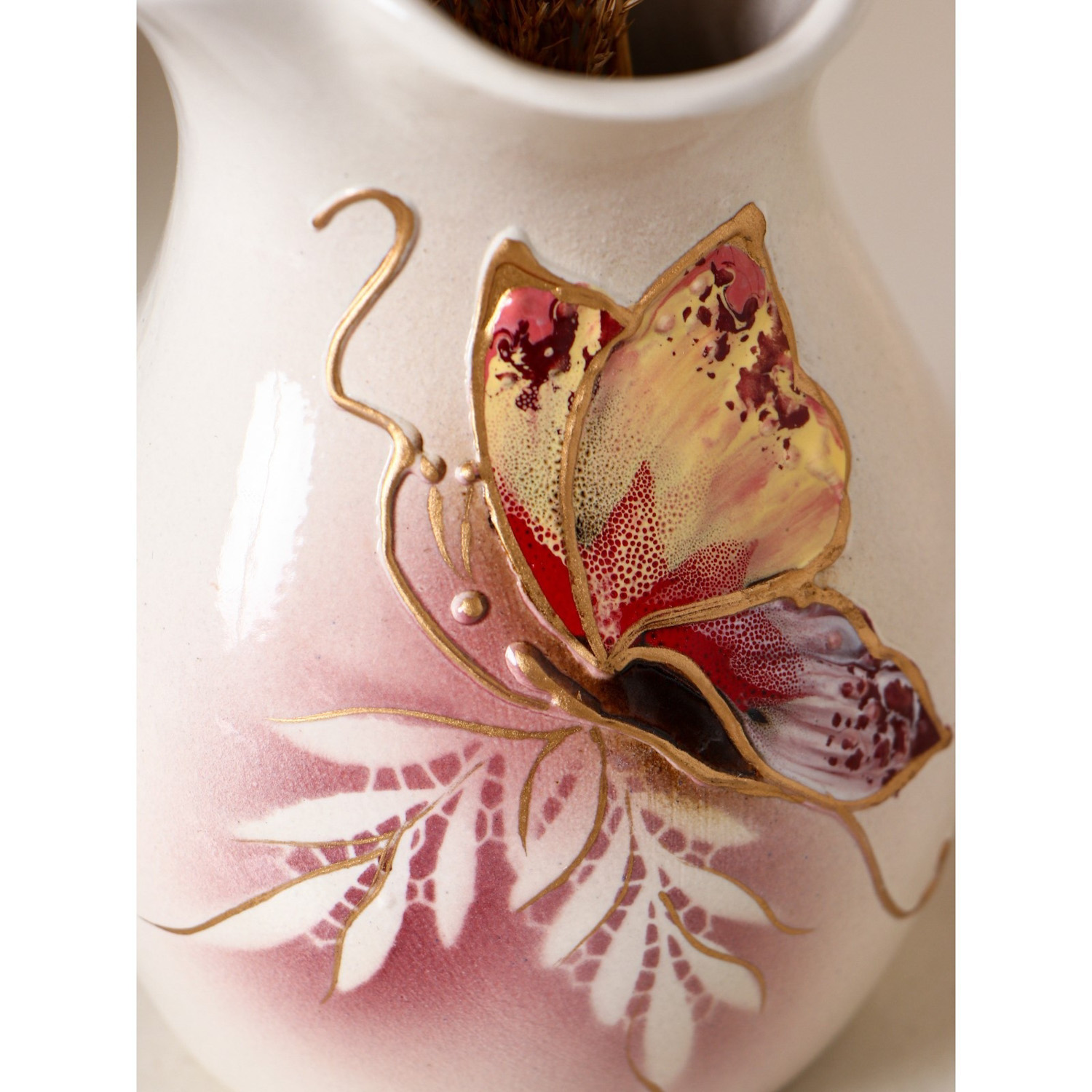 Ваза настольная "Бутон", бело-розовая, бабочка, 22 см 1204585