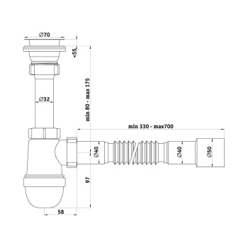 Сифон бутылочный 1 1/2"*40 с гибкой трубой 40x40/50 АНИ С0115 *1/30